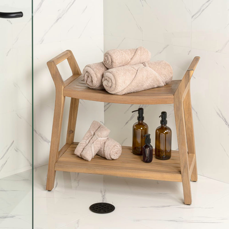 Orla 25.6" Modern Classic Slatted Solid Acacia Wood Indoor/Outdoor Shower Bench with Shelf and Handle