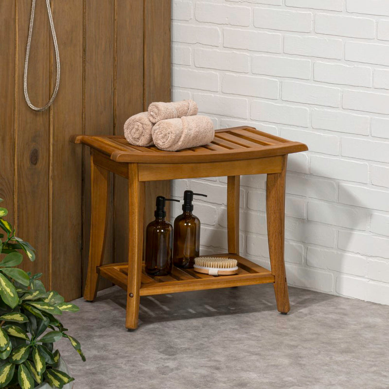 Tucker 22.1" Traditional Classic Slatted Solid Acacia Wood Indoor/Outdoor Shower Bench with Shelf and Handle