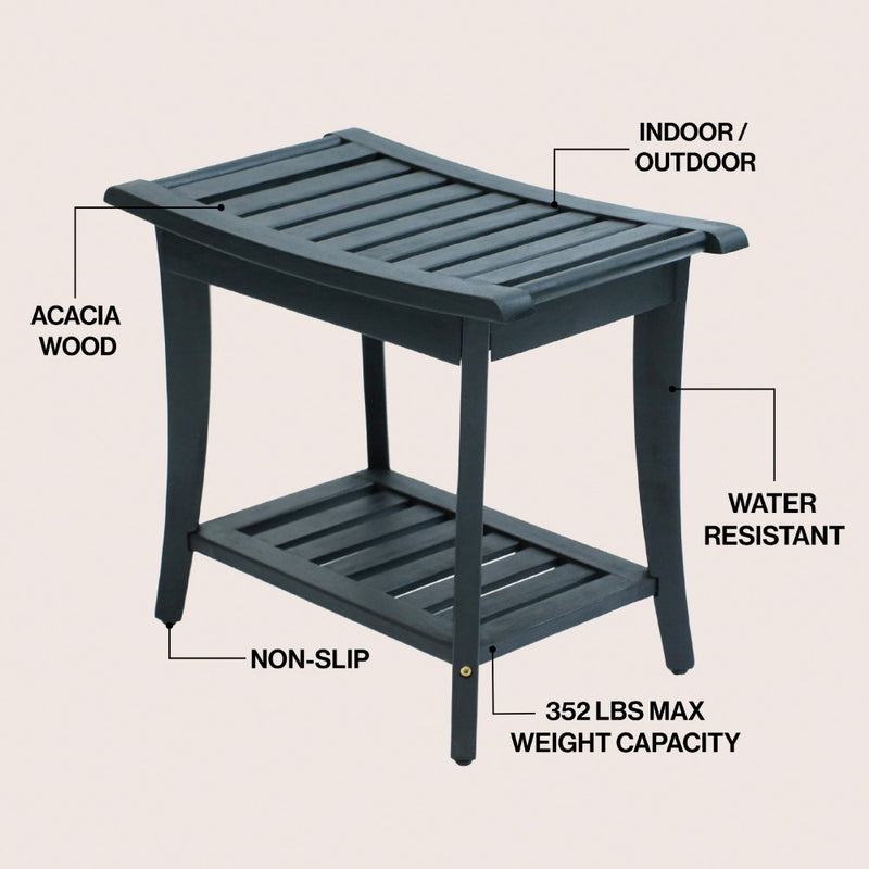 Tucker 22.1" Traditional Classic Slatted Solid Acacia Wood Indoor/Outdoor Shower Bench with Shelf and Handle