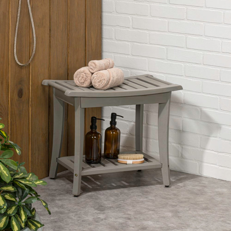 Tucker 22.1" Traditional Classic Slatted Solid Acacia Wood Indoor/Outdoor Shower Bench with Shelf and Handle