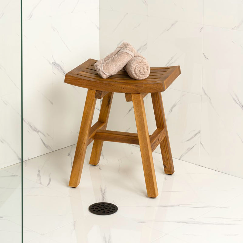 Tamlyn 15.75" Traditional Classic Slatted Solid Acacia Wood Indoor/Outdoor Shower Stool