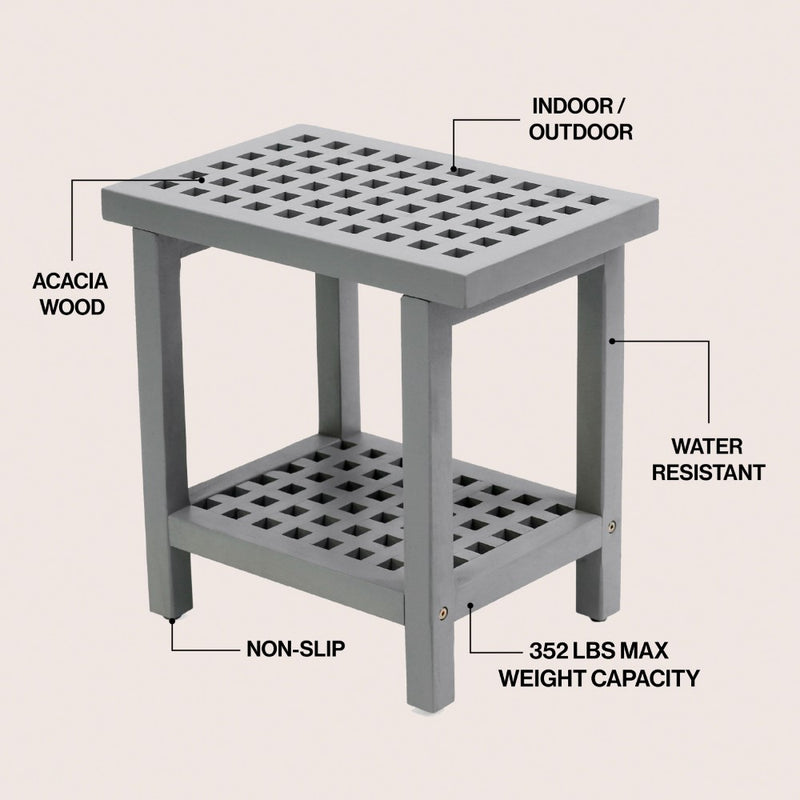 Armin 18.1" Modern Classic Grid Slat Solid Acacia Wood Indoor/Outdoor Shower Stool