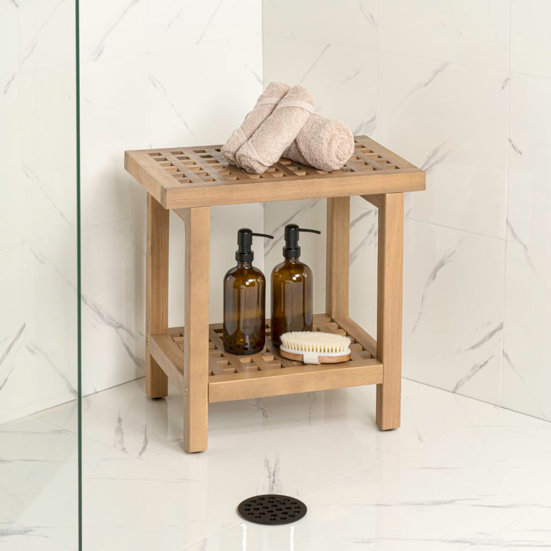 Armin 18.1" Modern Classic Grid Slat Solid Acacia Wood Indoor/Outdoor Shower Stool