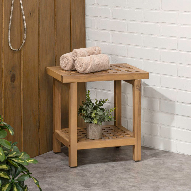 Armin 18.1" Modern Classic Grid Slat Solid Acacia Wood Indoor/Outdoor Shower Stool