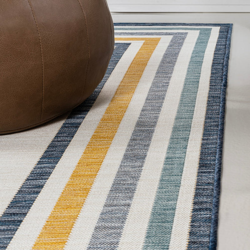 Pollux Classic Coastal Mitred Stripe Reversible Machine-Washable Indoor/Outdoor Area Rug
