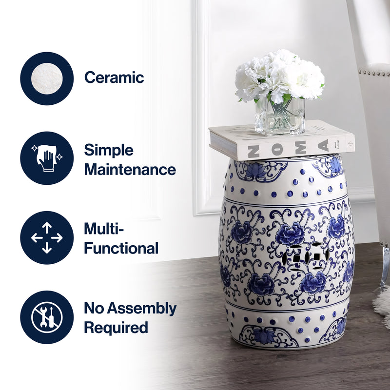 Lotus Flower 17.8" Chinoiserie Ceramic Drum Garden Stool