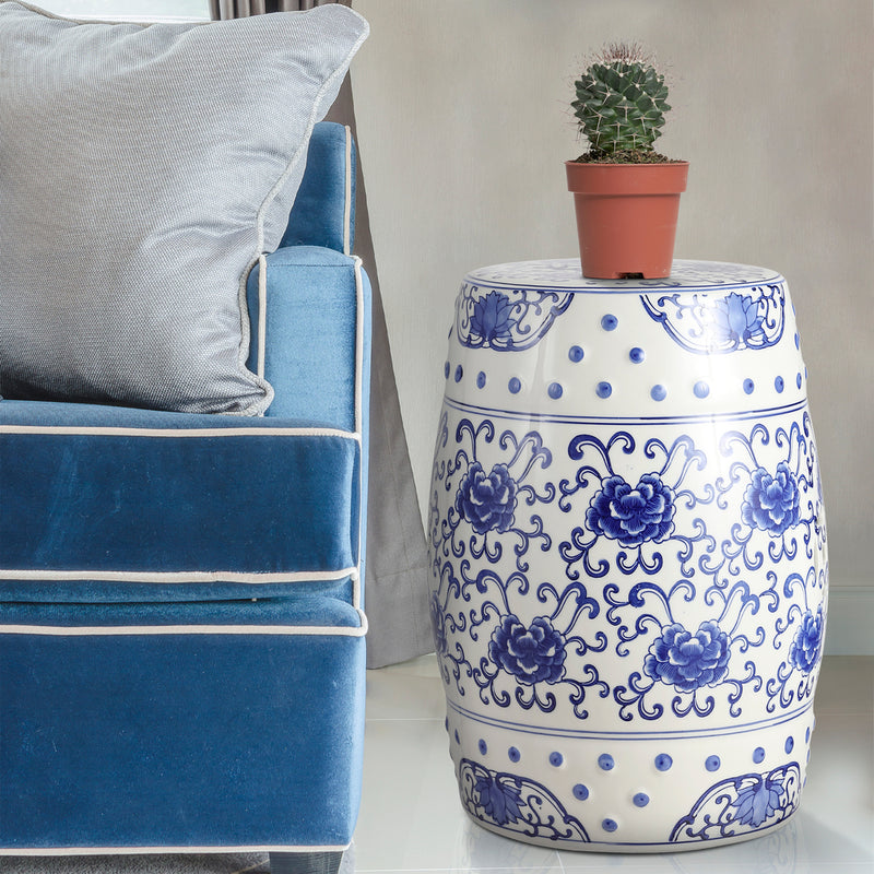 Lotus Flower 17.8" Chinoiserie Ceramic Drum Garden Stool - JONATHAN Y