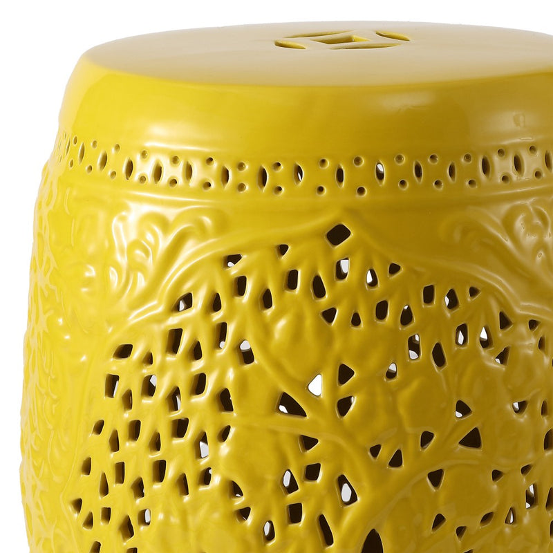 Tree of Life 18 in. Bohemian Traditional Pierced Ceramic Drum Indoor/Outdoor Garden Stool and Accent Table - Yellow