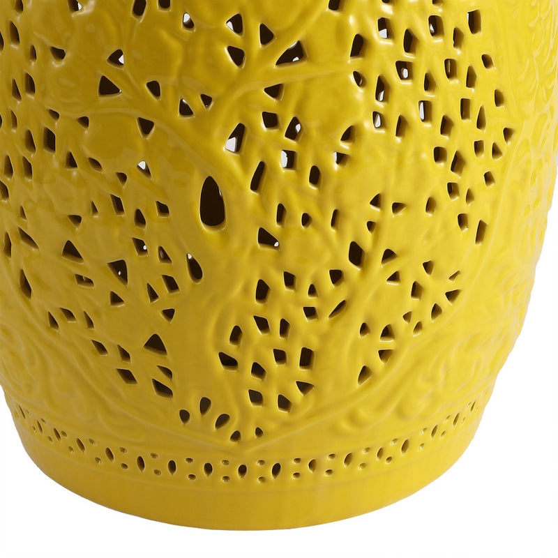 Tree of Life 18 in. Bohemian Traditional Pierced Ceramic Drum Indoor/Outdoor Garden Stool and Accent Table - Yellow