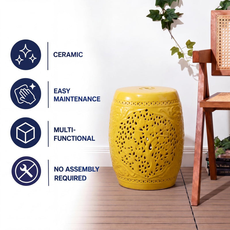 Tree of Life 18 in. Bohemian Traditional Pierced Ceramic Drum Indoor/Outdoor Garden Stool and Accent Table - Yellow