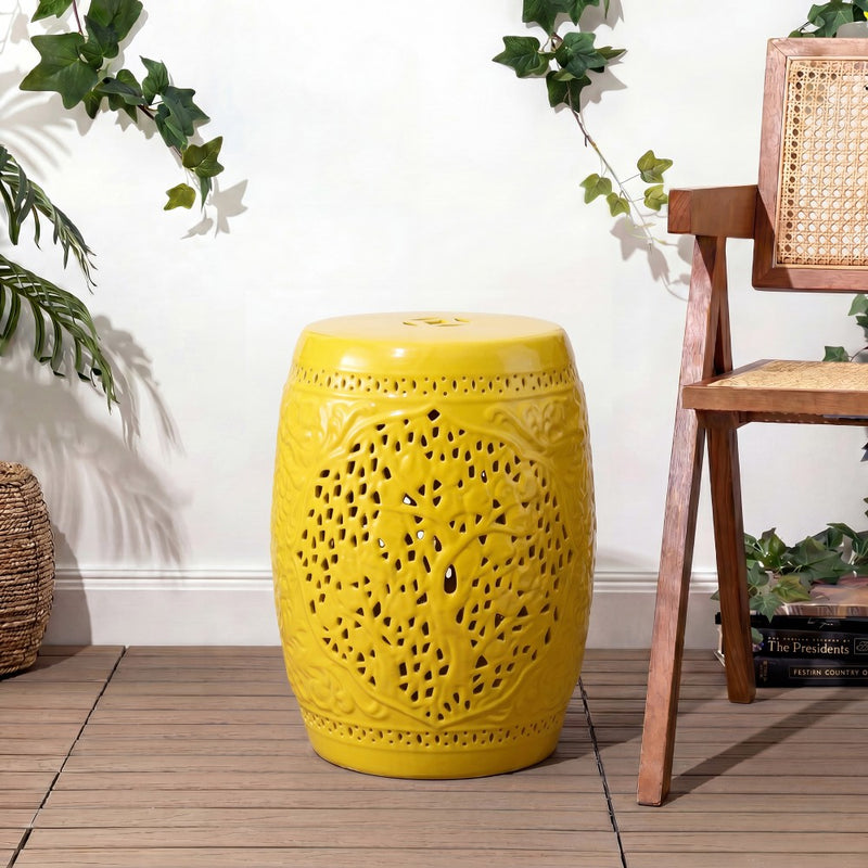 Tree of Life 18 in. Bohemian Traditional Pierced Ceramic Drum Indoor/Outdoor Garden Stool and Accent Table - Yellow