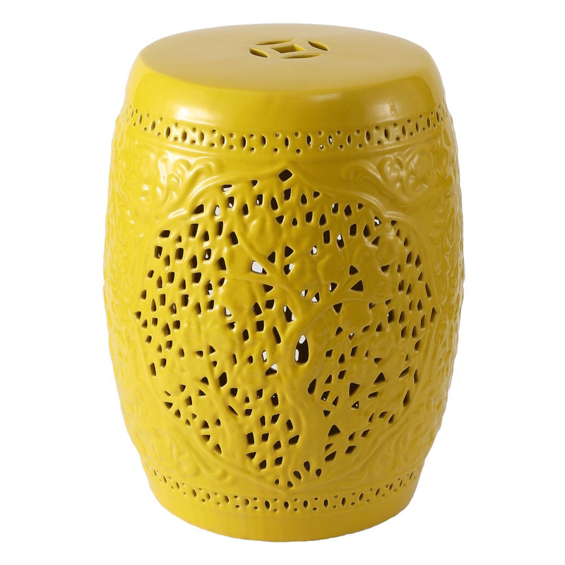Tree of Life 18 in. Bohemian Traditional Pierced Ceramic Drum Indoor/Outdoor Garden Stool and Accent Table - Yellow