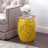 Tree of Life 18 in. Bohemian Traditional Pierced Ceramic Drum Indoor/Outdoor Garden Stool and Accent Table - Yellow