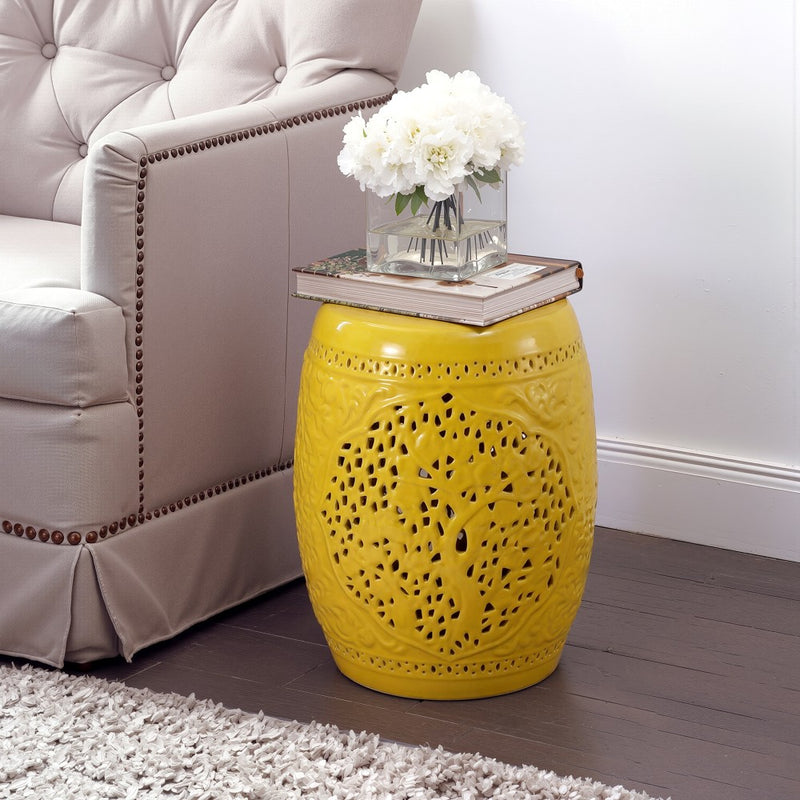 Tree of Life 18 in. Bohemian Traditional Pierced Ceramic Drum Indoor/Outdoor Garden Stool and Accent Table - Yellow
