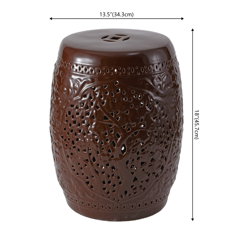 Tree of Life 18 in. Bohemian Traditional Pierced Ceramic Drum Indoor/Outdoor Garden Stool and Accent Table - Brown