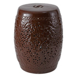 Tree of Life 18 in. Bohemian Traditional Pierced Ceramic Drum Indoor/Outdoor Garden Stool and Accent Table - Brown