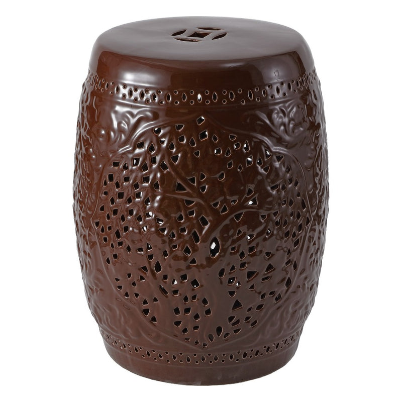 Tree of Life 18 in. Bohemian Traditional Pierced Ceramic Drum Indoor/Outdoor Garden Stool and Accent Table - Brown