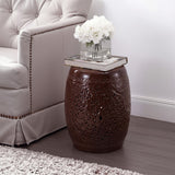 Tree of Life 18 in. Bohemian Traditional Pierced Ceramic Drum Indoor/Outdoor Garden Stool and Accent Table - Brown