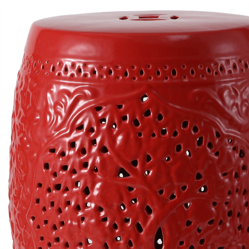 Tree of Life 18 in. Bohemian Traditional Pierced Ceramic Drum Indoor/Outdoor Garden Stool and Accent Table - Red