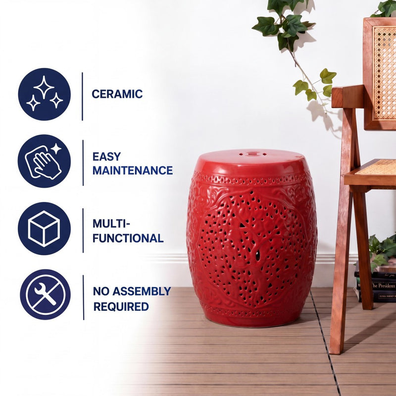 Tree of Life 18 in. Bohemian Traditional Pierced Ceramic Drum Indoor/Outdoor Garden Stool and Accent Table - Red