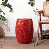 Tree of Life 18 in. Bohemian Traditional Pierced Ceramic Drum Indoor/Outdoor Garden Stool and Accent Table - Red