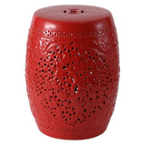 Tree of Life 18 in. Bohemian Traditional Pierced Ceramic Drum Indoor/Outdoor Garden Stool and Accent Table - Red