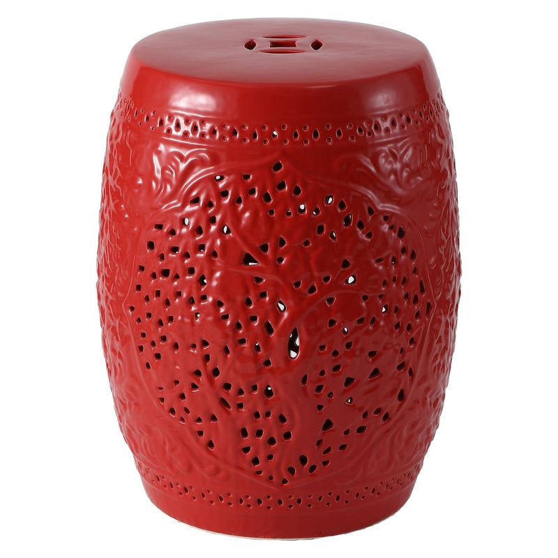 Tree of Life 18 in. Bohemian Traditional Pierced Ceramic Drum Indoor/Outdoor Garden Stool and Accent Table - Red