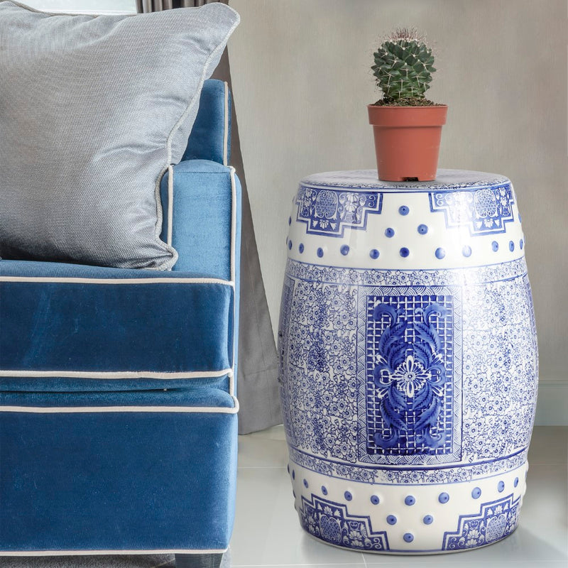 Acanthus 17.8" Chinoiserie Ceramic Drum Garden Stool - JONATHAN Y