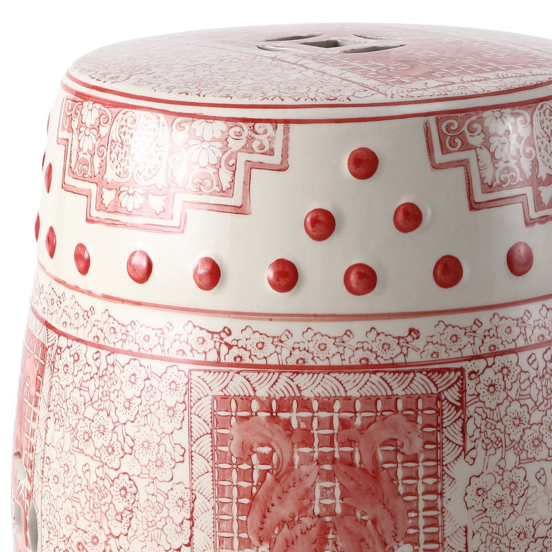 Acanthus 17.8 in. Chinoiserie Ceramic Drum Indoor/Outdoor Garden Stool and Accent Table - Red/White