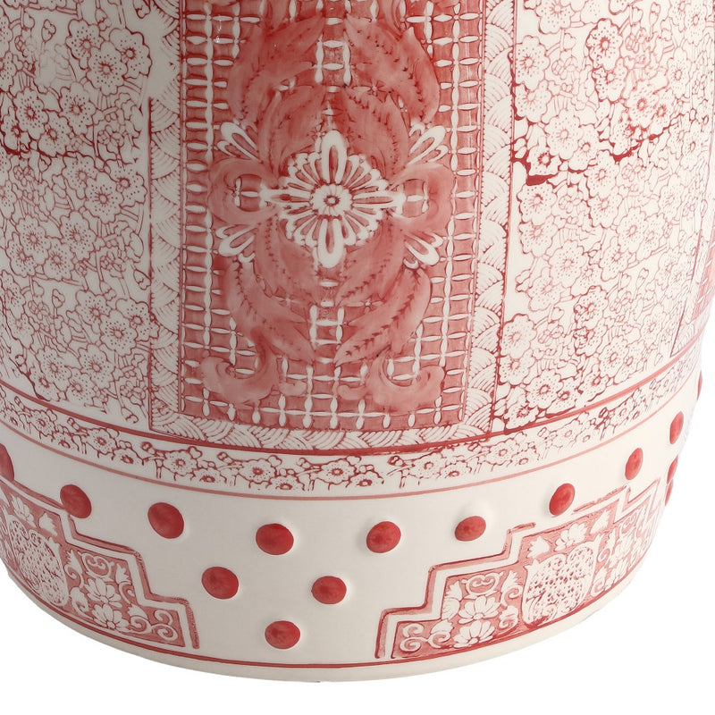 Acanthus 17.8 in. Chinoiserie Ceramic Drum Indoor/Outdoor Garden Stool and Accent Table - Red/White