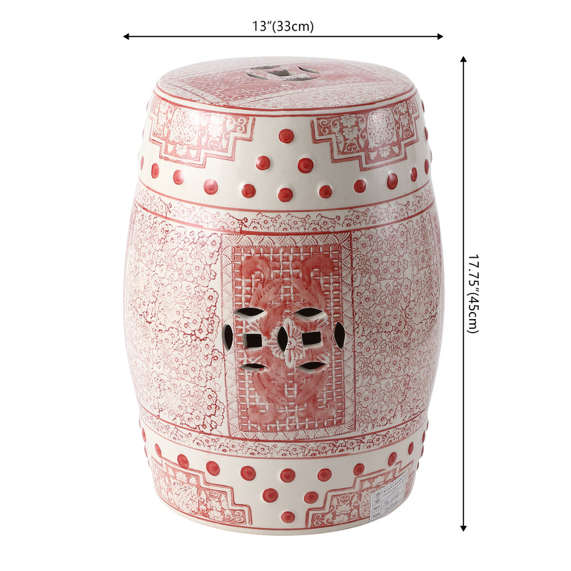 Acanthus 17.8 in. Chinoiserie Ceramic Drum Indoor/Outdoor Garden Stool and Accent Table - Red/White