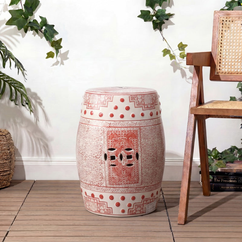 Acanthus 17.8 in. Chinoiserie Ceramic Drum Indoor/Outdoor Garden Stool and Accent Table - Red/White