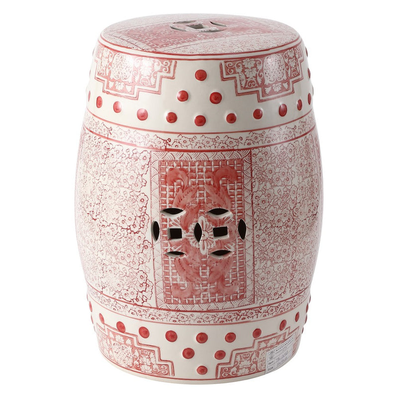 Acanthus 17.8 in. Chinoiserie Ceramic Drum Indoor/Outdoor Garden Stool and Accent Table - Red/White
