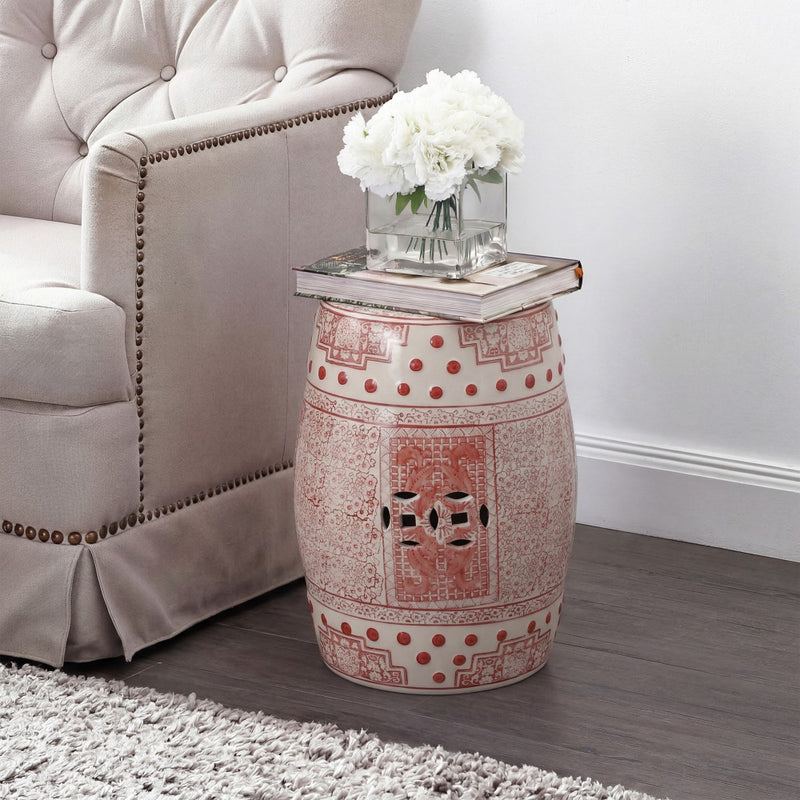 Acanthus 17.8 in. Chinoiserie Ceramic Drum Indoor/Outdoor Garden Stool and Accent Table - Red/White