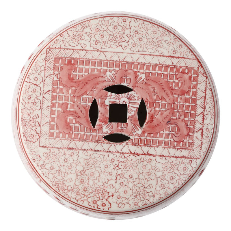 Acanthus 17.8 in. Chinoiserie Ceramic Drum Indoor/Outdoor Garden Stool and Accent Table - Red/White