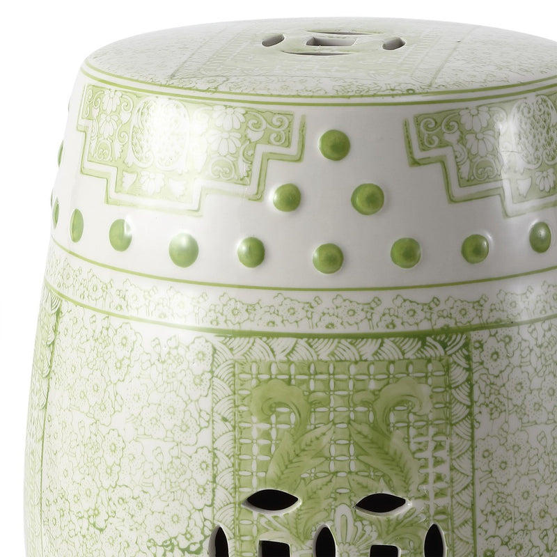Acanthus 17.8 in. Chinoiserie Ceramic Drum Indoor/Outdoor Garden Stool and Accent Table - Green/White