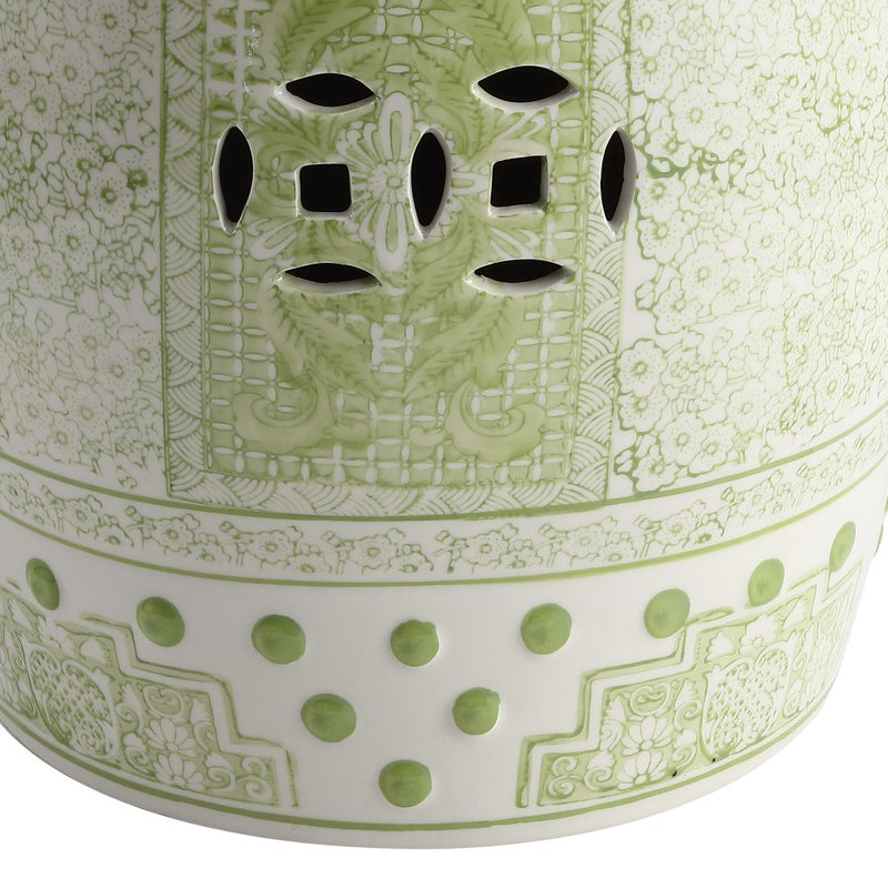 Acanthus 17.8 in. Chinoiserie Ceramic Drum Indoor/Outdoor Garden Stool and Accent Table - Green/White