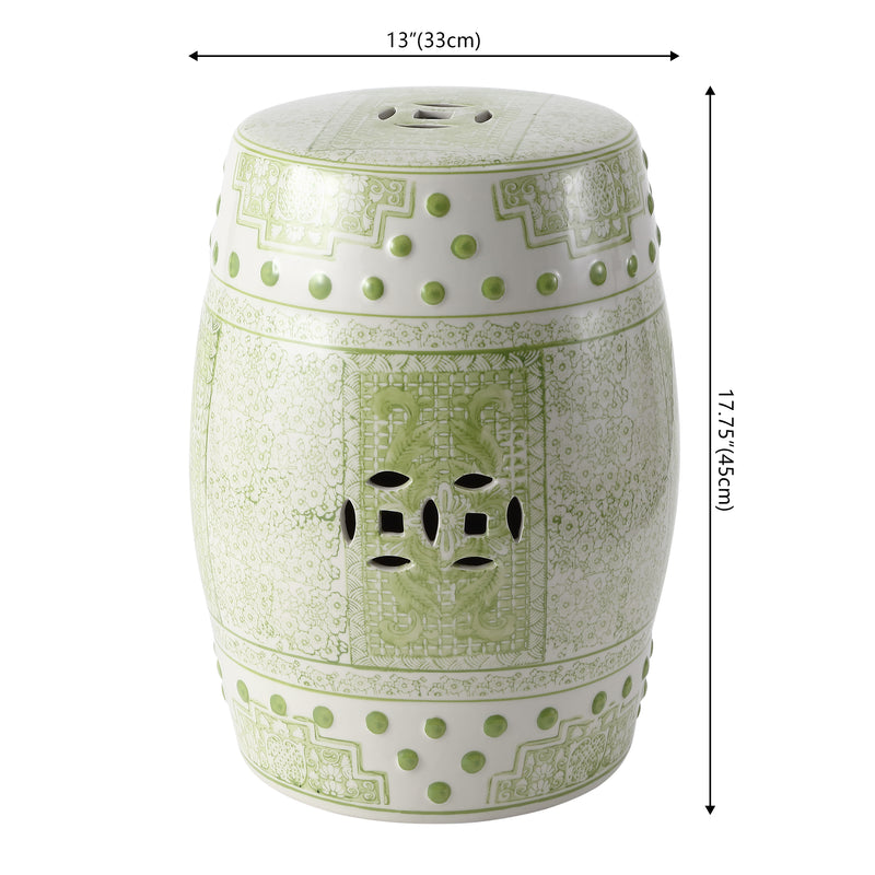 Acanthus 17.8 in. Chinoiserie Ceramic Drum Indoor/Outdoor Garden Stool and Accent Table - Green/White