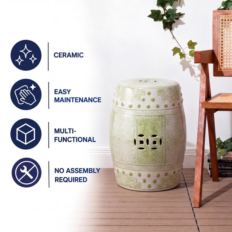 Acanthus 17.8 in. Chinoiserie Ceramic Drum Indoor/Outdoor Garden Stool and Accent Table - Green/White