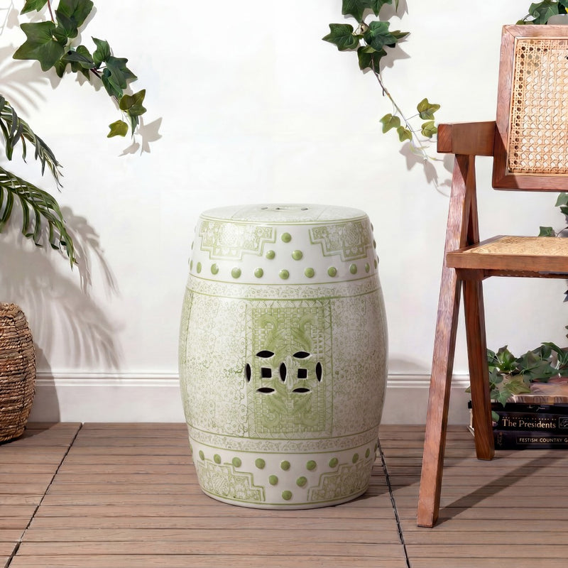 Acanthus 17.8 in. Chinoiserie Ceramic Drum Indoor/Outdoor Garden Stool and Accent Table - Green/White