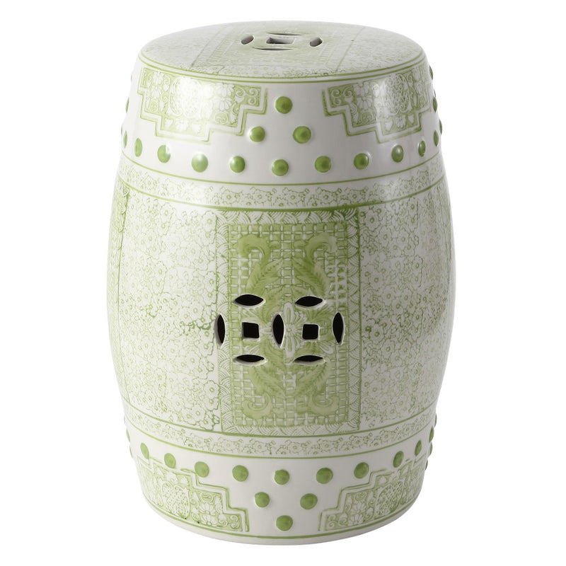 Acanthus 17.8 in. Chinoiserie Ceramic Drum Indoor/Outdoor Garden Stool and Accent Table - Green/White