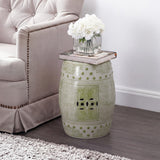 Acanthus 17.8 in. Chinoiserie Ceramic Drum Indoor/Outdoor Garden Stool and Accent Table - Green/White