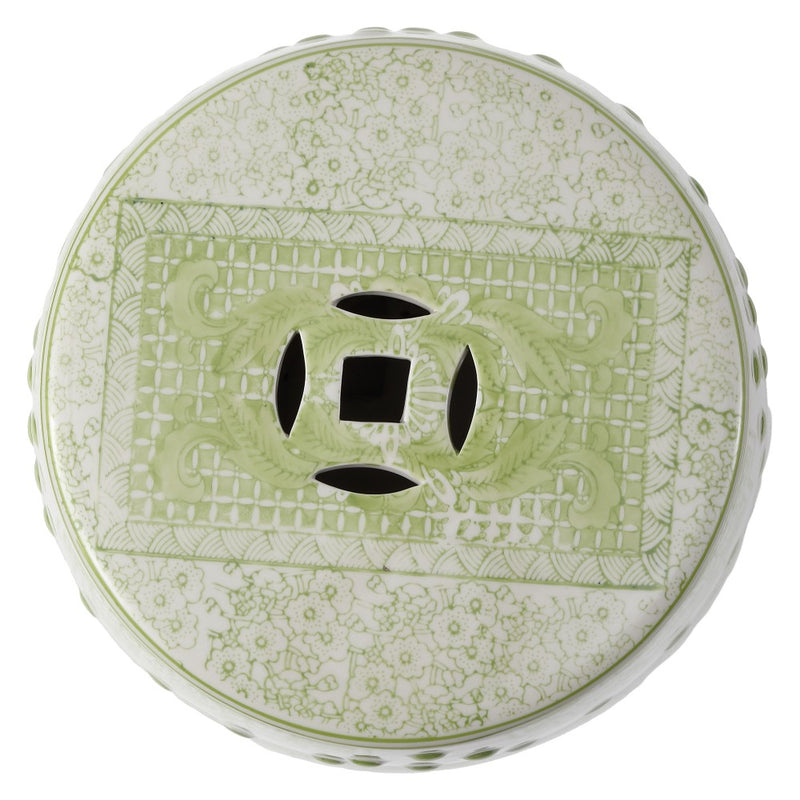 Acanthus 17.8 in. Chinoiserie Ceramic Drum Indoor/Outdoor Garden Stool and Accent Table - Green/White