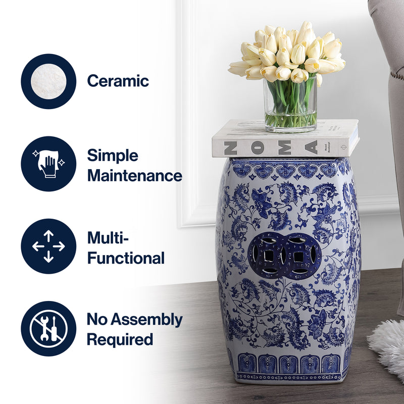 Floral Vine 18.5" Chinoiserie Ceramice Square Garden Stool