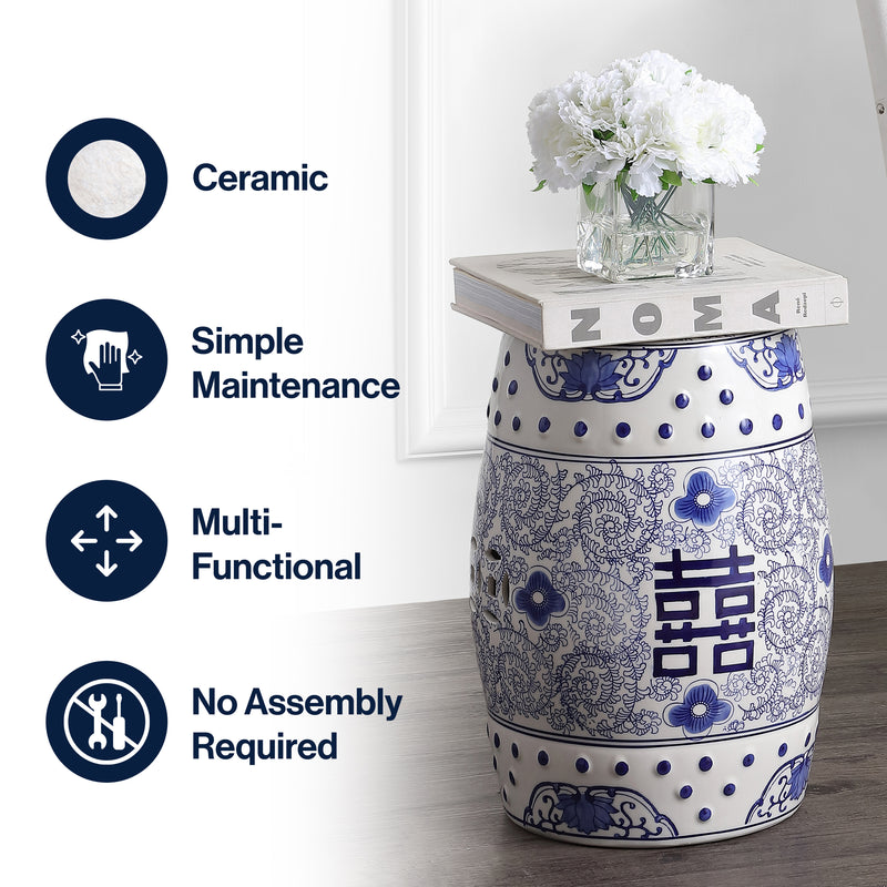 Double Happiness 18" Chinoiserie Ceramic Drum Garden Stool