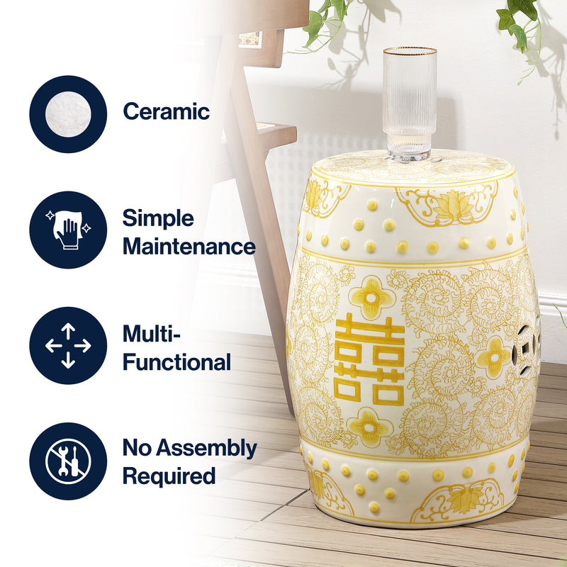 Double Happiness 18" Chinoiserie Ceramic Drum Garden Stool