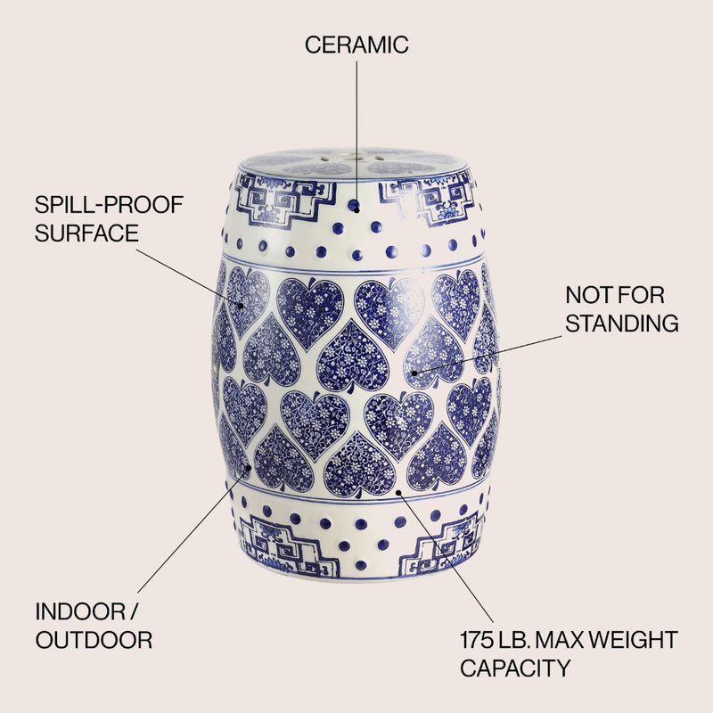 Happy Hearts 17.8" Chinoiserie Ceramic Drum Garden Stool - JONATHAN Y