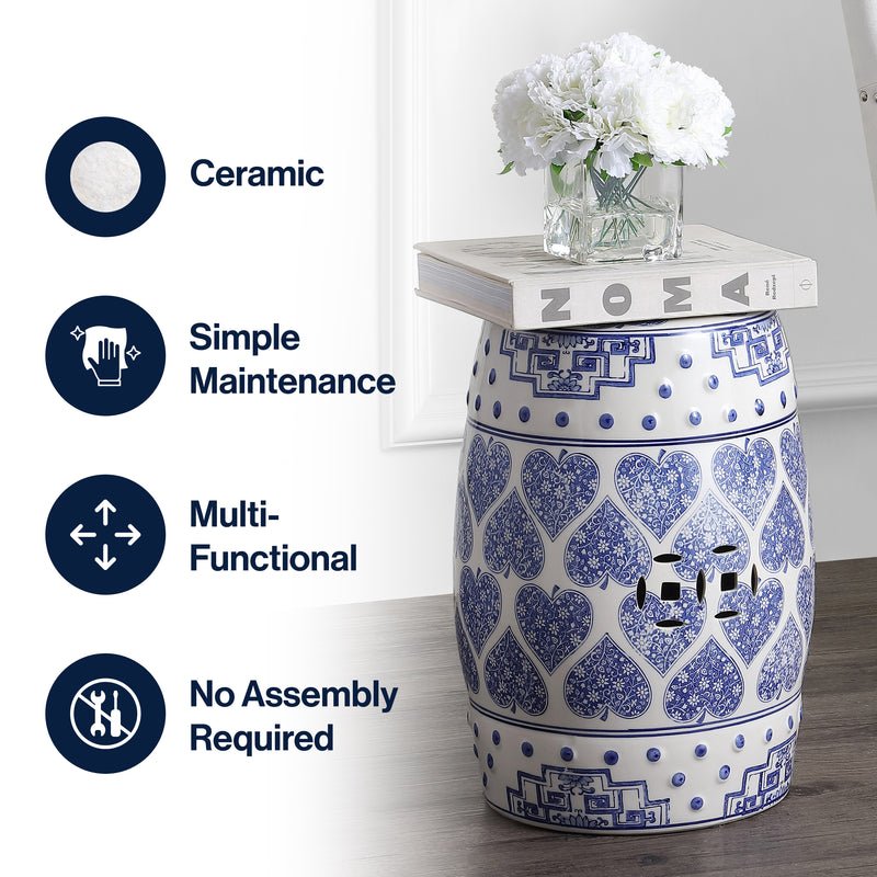 Happy Hearts 17.8" Chinoiserie Ceramic Drum Garden Stool