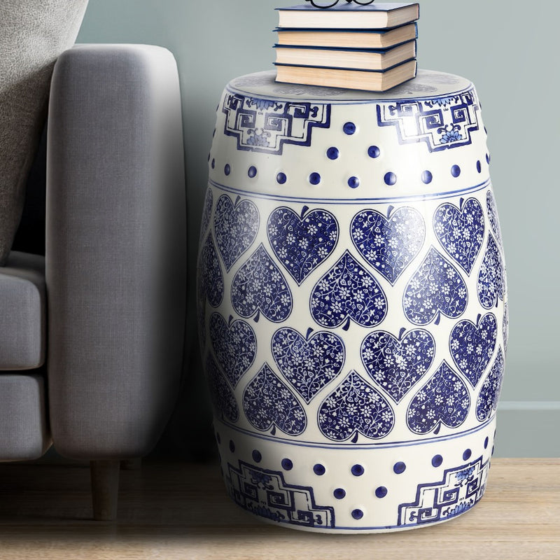 Happy Hearts 17.8" Chinoiserie Ceramic Drum Garden Stool - JONATHAN Y