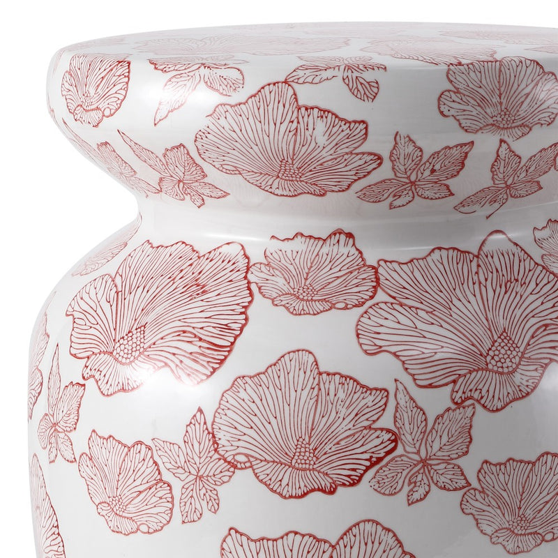 Poppies 17.8 in. Traditional Cottage Floral Ceramic Indoor/Outdoor Garden Stool and Accent Table - Red/White